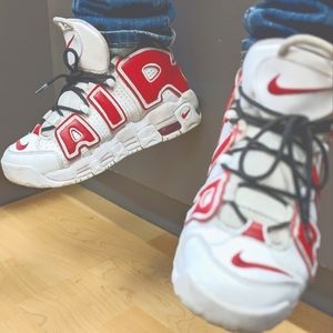 Nike Uptempos, (size 8) white/red